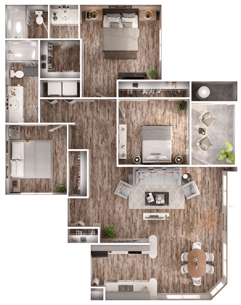 Floor plan for 3 beds, 2 baths, 1262 sqft
